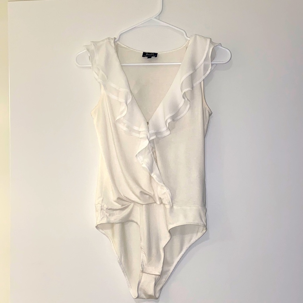 Bardot White Ruffled Deep V Bodysuit